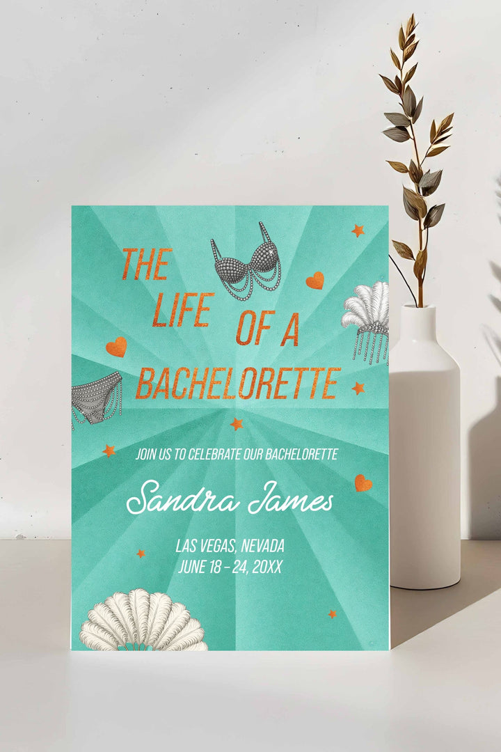 Invitation card for 'The Life of a Bachelorette' party on a white surface with a vase.