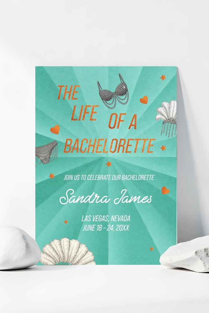 Bachelorette party invitation with teal background and Swifty-themed elements on a white surface.