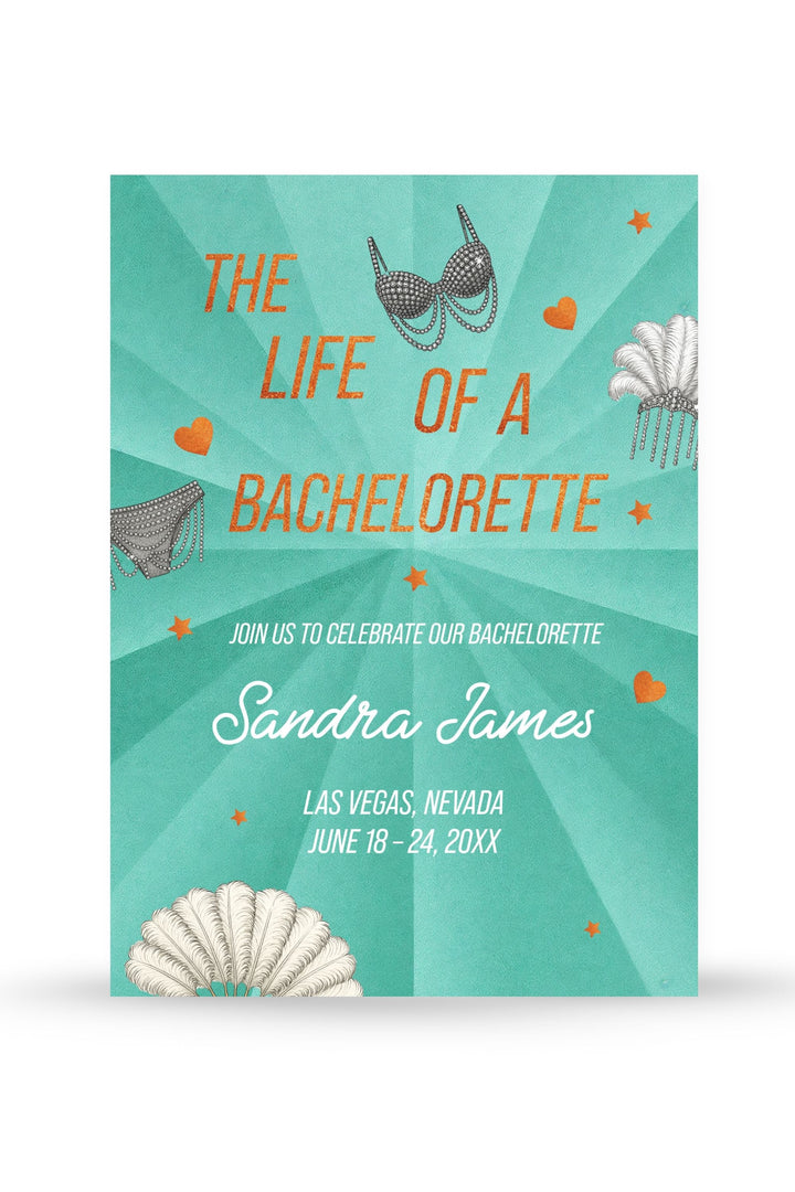 Invitation card for a bachelorette party with bikini illustrations and text on a teal background