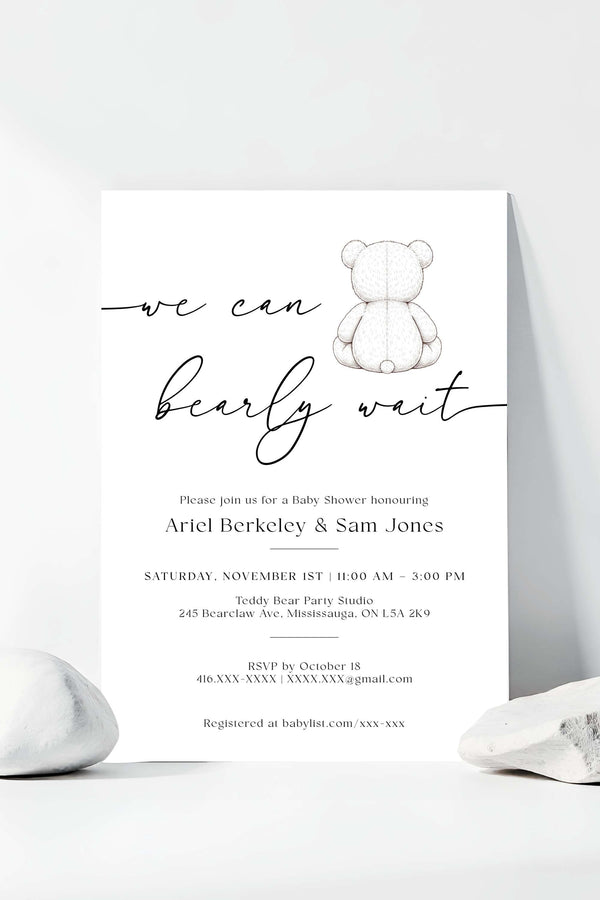Bear Baby Shower Invitation – Bearly Wait Minimalist Black & White Template