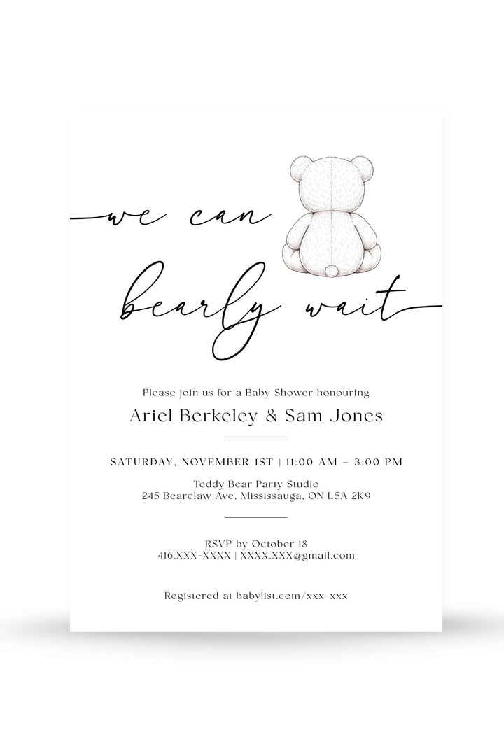 Baby shower invitation with teddy bear illustration and text on a white background