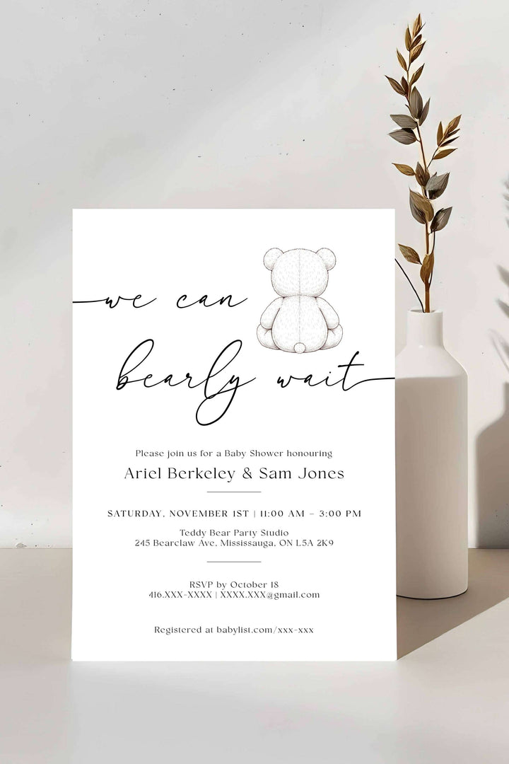 Baby shower invitation with teddy bear graphic and text on a white background