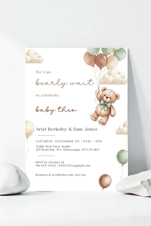 Bearly Wait Baby Shower Invitation – Teddy Bear with Balloons