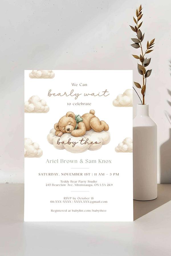 Bearly Wait Baby Shower Invitation – Gender Neutral Cloud Bear Template
