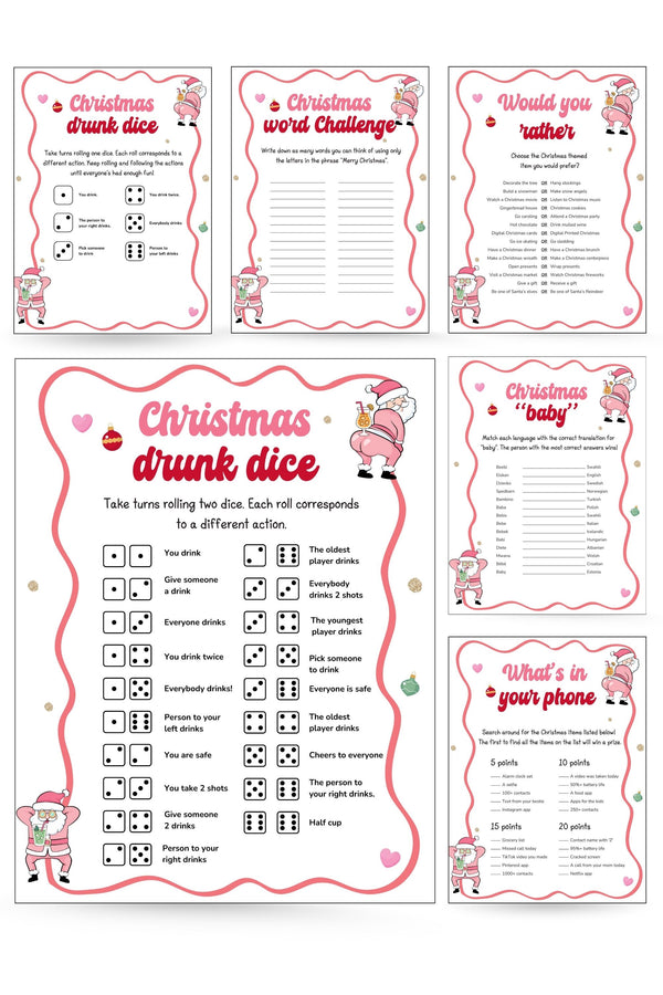 18 Christmas Party Games - Pink Santa Edition featuring pink Santa design for festive holiday fun