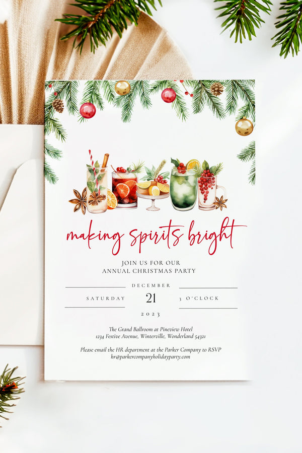 Making Spirits Bright Holiday Party Invitation - Christmas Drinks, Festive Holiday Beverages Design, Customizable Christmas Party Invite, Printable Holiday Drinks Card, Cheerful Celebration Invitation