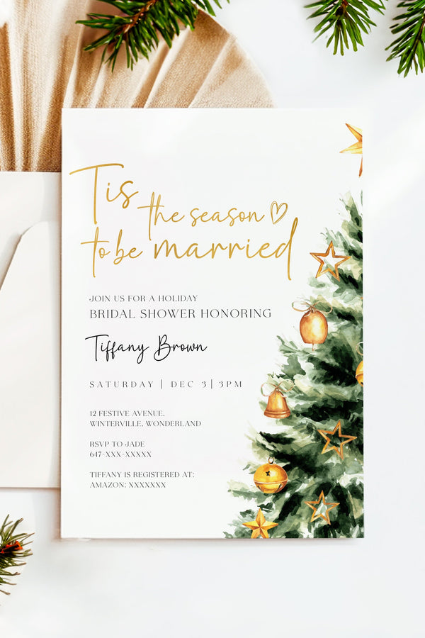 Christmas Tree Bridal Shower Invitation, Festive Holiday Design, 'Tis the Season to be Married Invitation, Customizable Christmas Bridal Invite, Cozy Holiday Shower Card