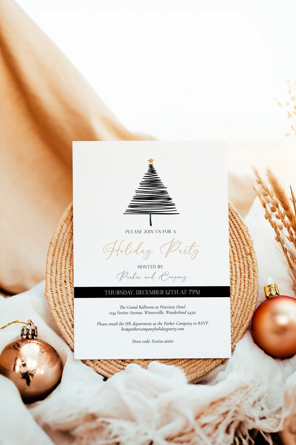 Black and White Holiday Work Party Invitation, Christmas Tree Invitation, Elegant Corporate Holiday Invite, Printable Christmas Party Invitation, Customizable Office Party Invitation