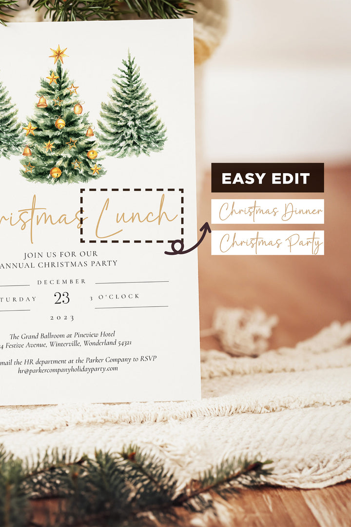 Christmas Party Invitation with 3 Trees, Festive Holiday Event Invite, Customizable Christmas Invitation, Elegant Christmas Dinner Invite, Printable Christmas Party Invitation