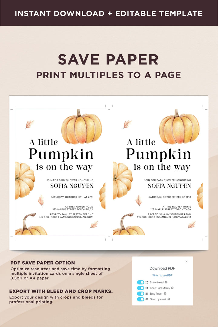 Golden Pumpkin Baby Shower Set with elegant pumpkin illustrations and soft hues, perfect for fall-themed celebrations.