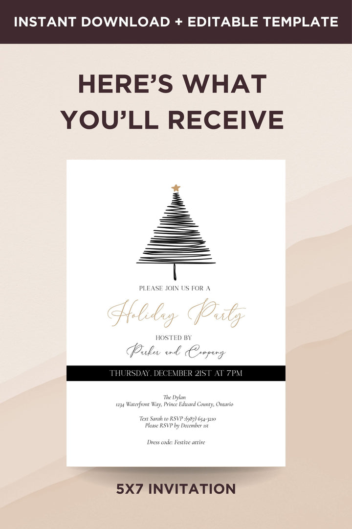 Black and White Holiday Work Party Invitation with Christmas Tree