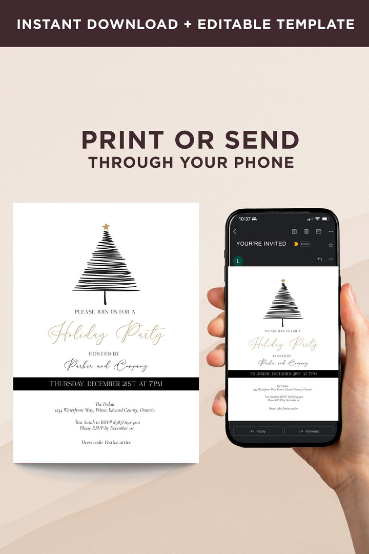 Black and White Holiday Work Party Invitation with Christmas Tree