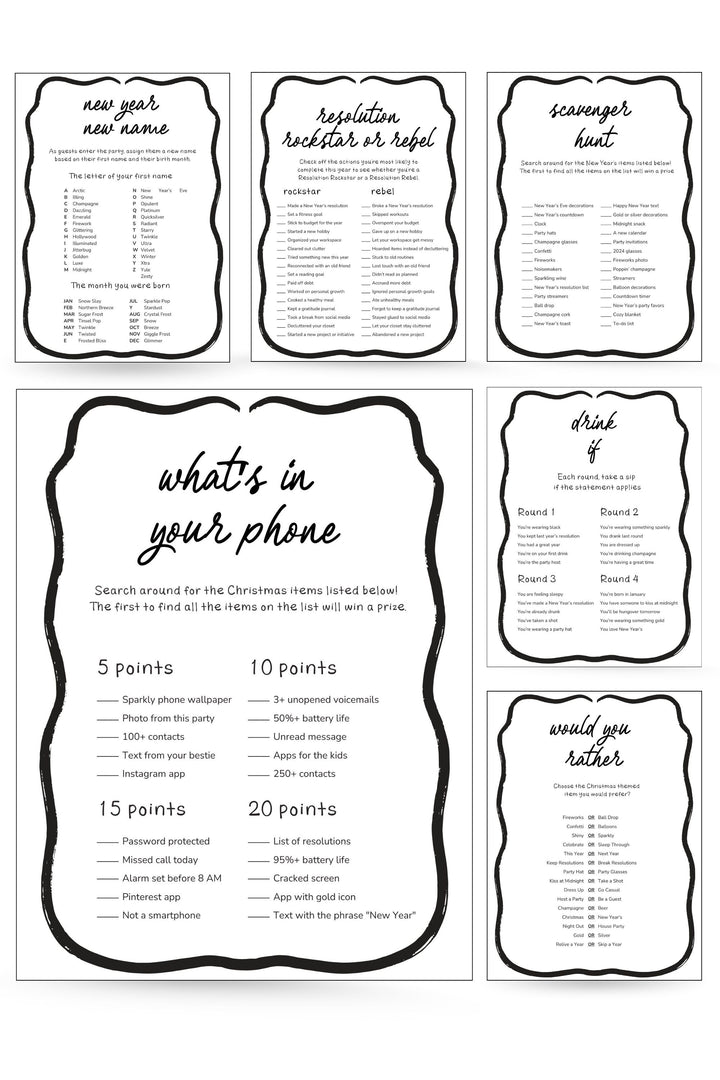 20 Black and White New Year’s Eve Party Games Printable