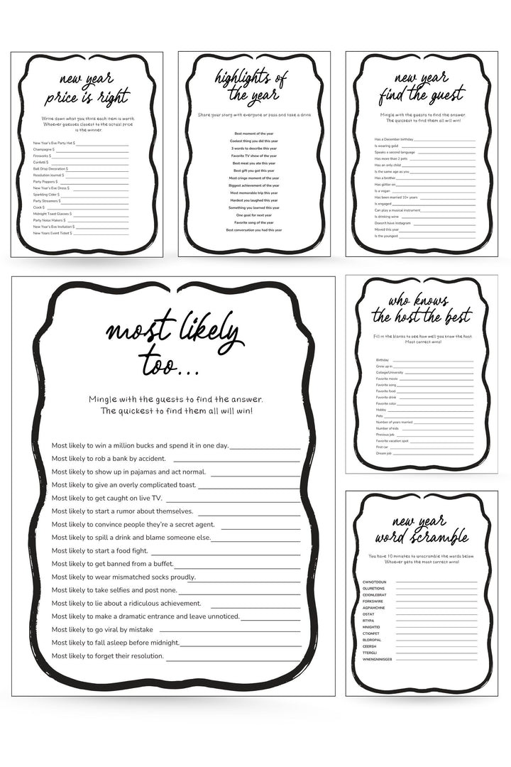 20 Black and White New Year’s Eve Party Games Printable