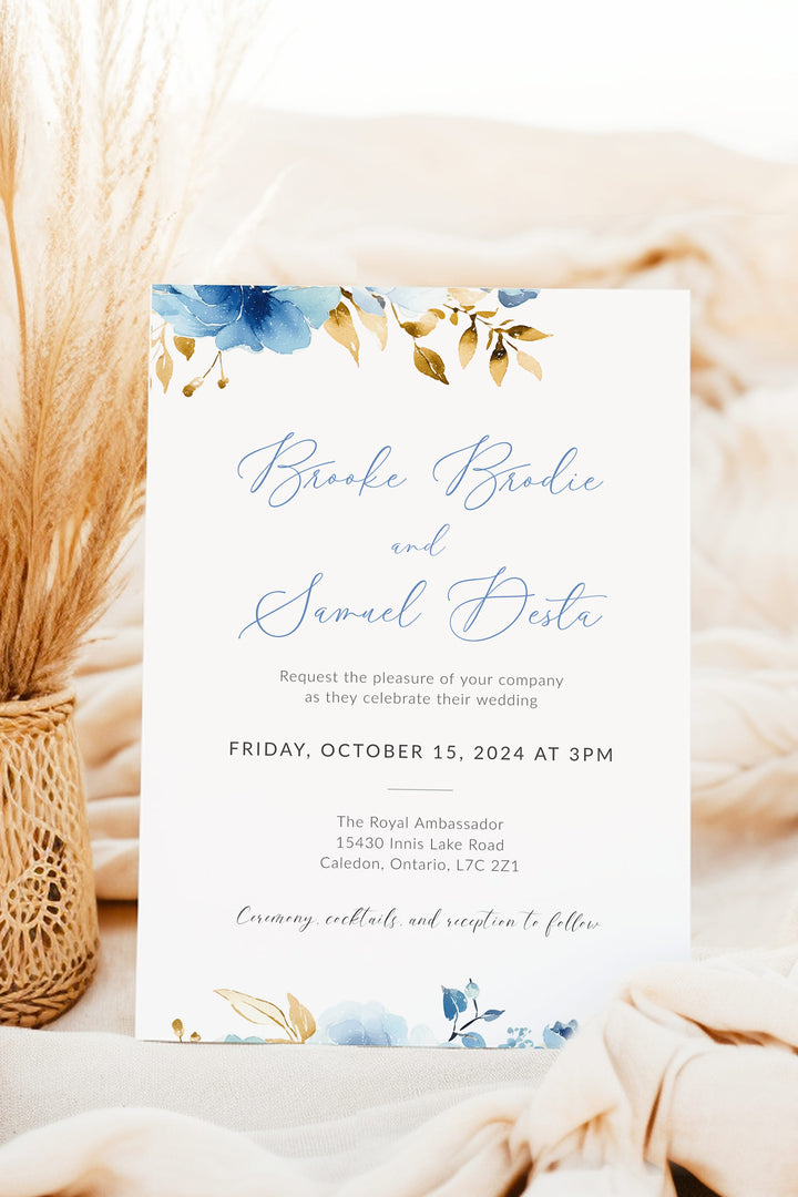 Blue and gold Floral Wedding Invitation - Vowpaperie