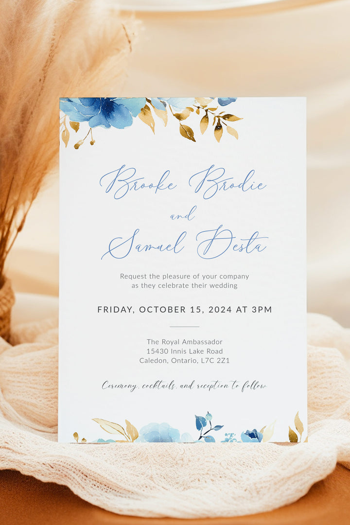 Blue and gold Floral Wedding Invitation - Vowpaperie