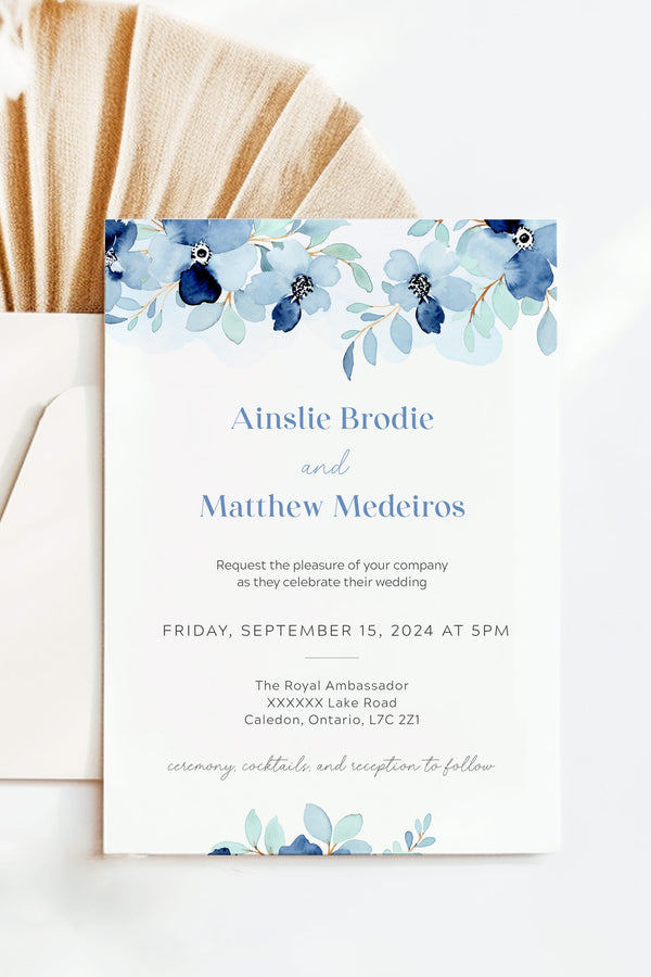 Elegant Blue Floral Wedding Invitation with Sophisticated Floral Design