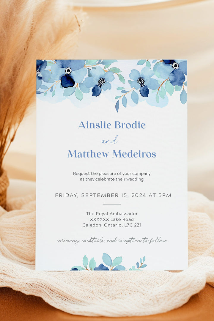 Elegant Blue Floral Wedding Invitation with Sophisticated Floral Design