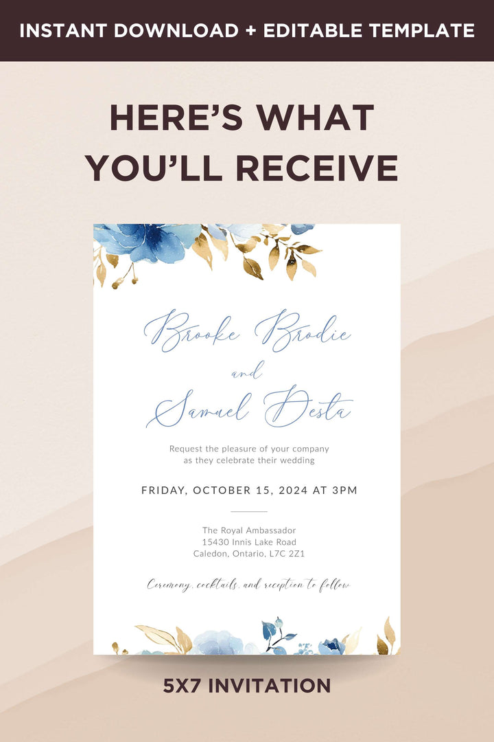 Blue and gold Floral Wedding Invitation - Vowpaperie