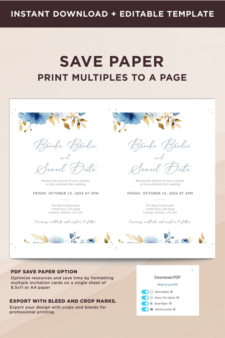 Blue and gold Floral Wedding Invitation - Vowpaperie