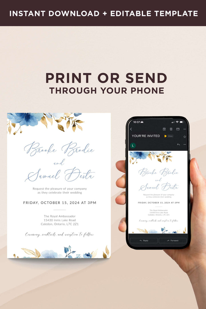 Blue and gold Floral Wedding Invitation - Vowpaperie