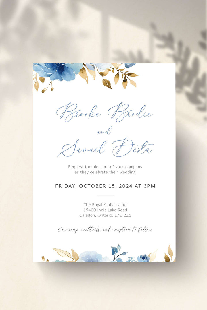 Blue and gold Floral Wedding Invitation - Vowpaperie