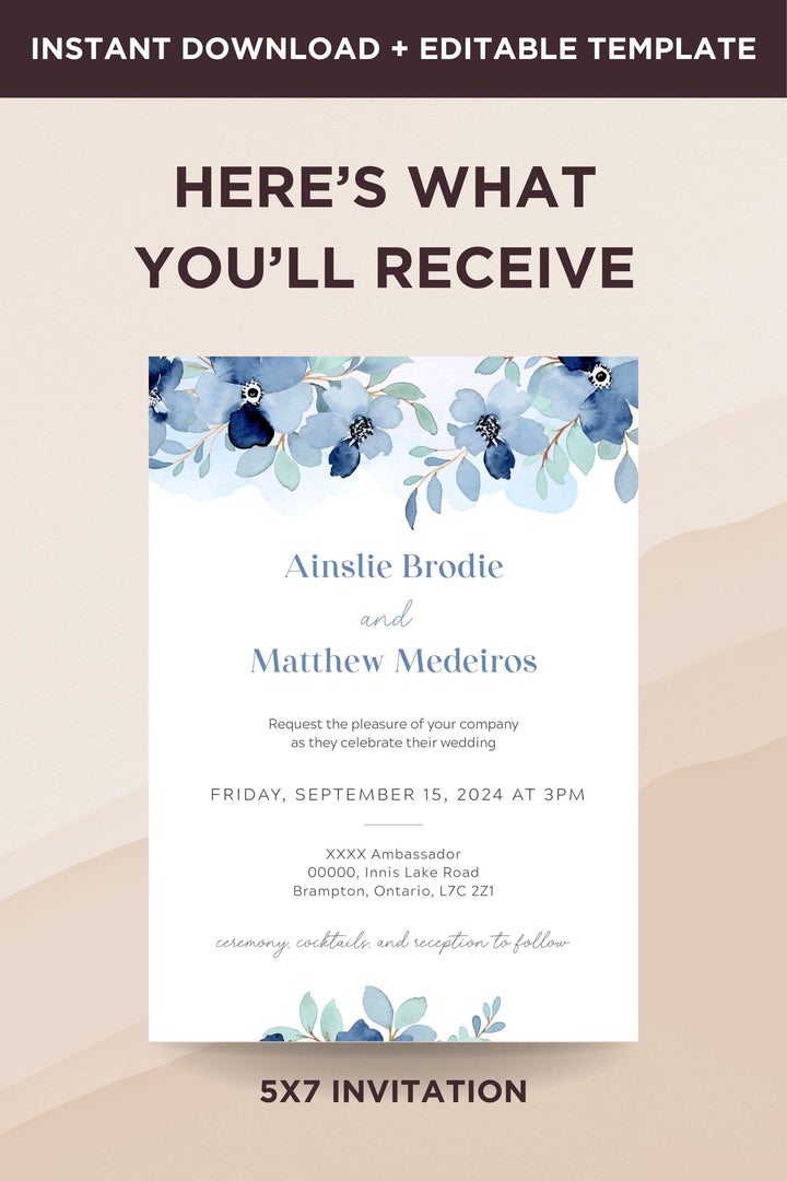 Blue Floral Wedding Invitation