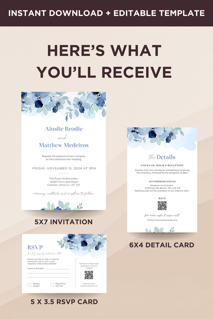 Blue Floral Wedding Invitation Suite - Vowpaperie