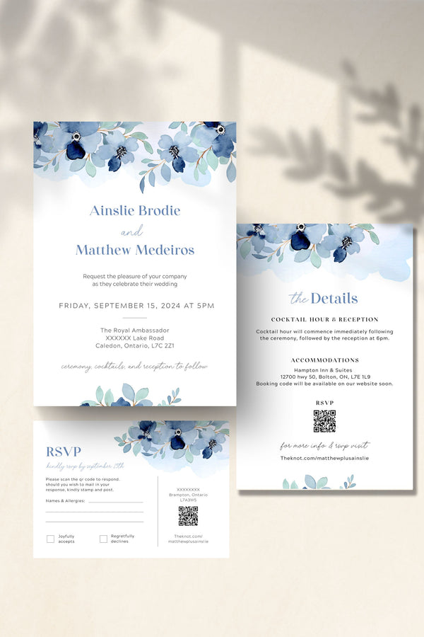 Blue Floral Wedding Invitation Suite - Vowpaperie