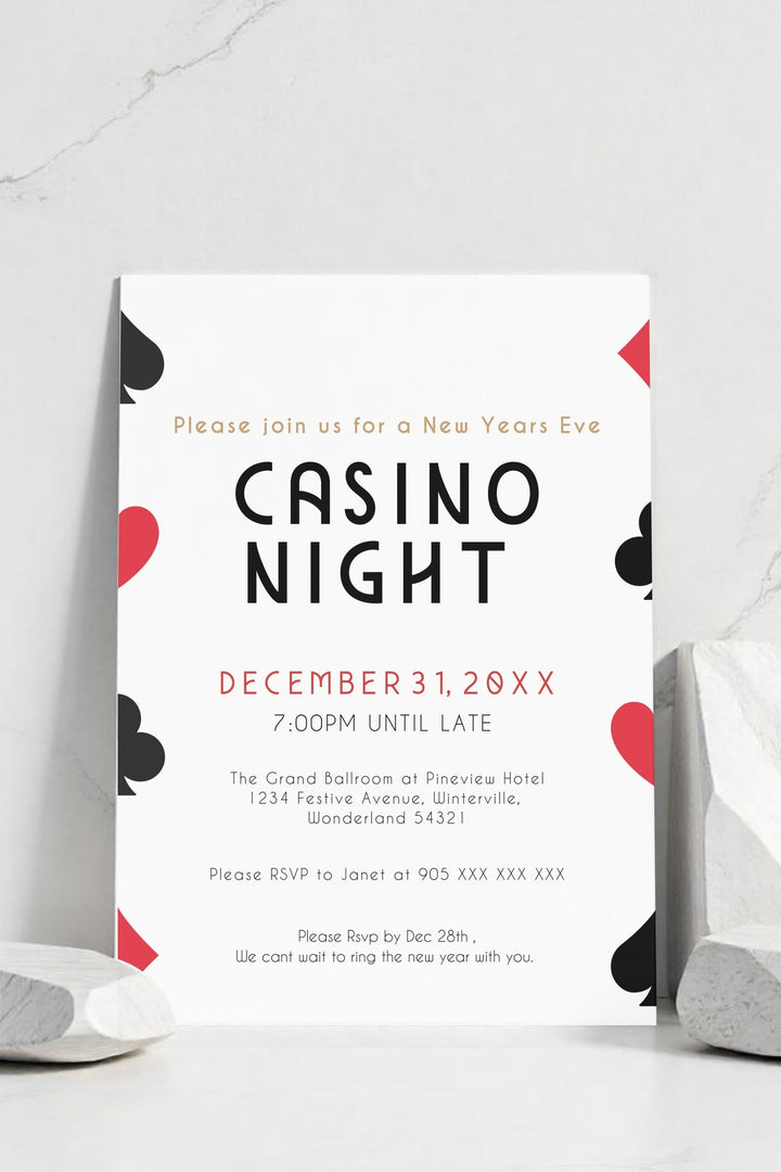 Casino Theme Party Invitation featuring bold design with cards, dice, and chips for a lively New Year’s Eve celebration