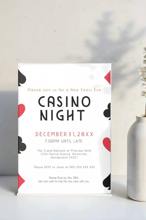 Casino Theme Party Invitation featuring bold design with cards, dice, and chips for a lively New Year’s Eve celebration