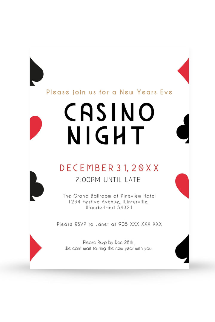 Casino Theme Party Invitation featuring bold design with cards, dice, and chips for a lively New Year’s Eve celebration