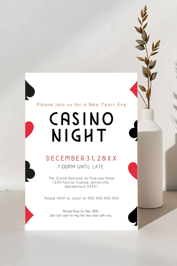 Casino Theme Party Invitation featuring bold design with cards, dice, and chips for a lively New Year’s Eve celebration