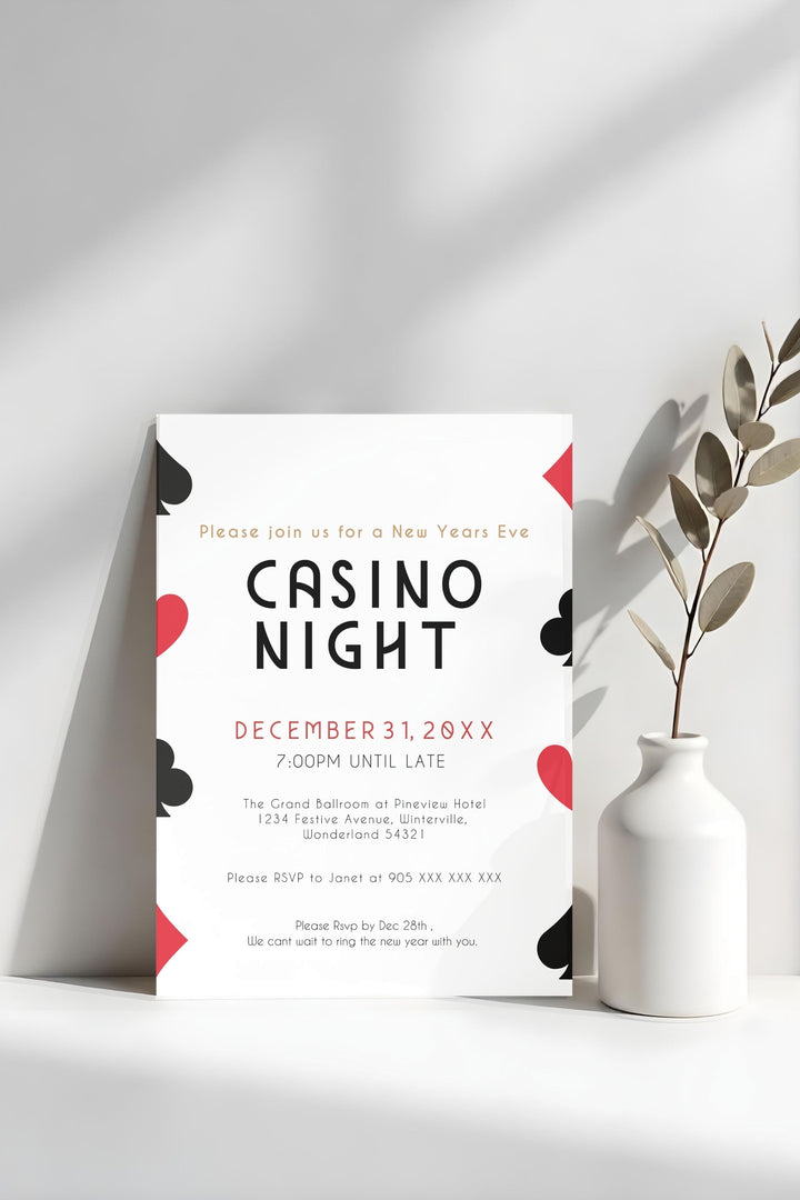 Casino Theme Party Invitation featuring bold design with cards, dice, and chips for a lively New Year’s Eve celebration