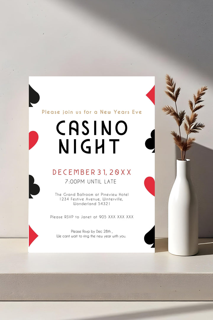 Casino Theme Party Invitation featuring bold design with cards, dice, and chips for a lively New Year’s Eve celebration