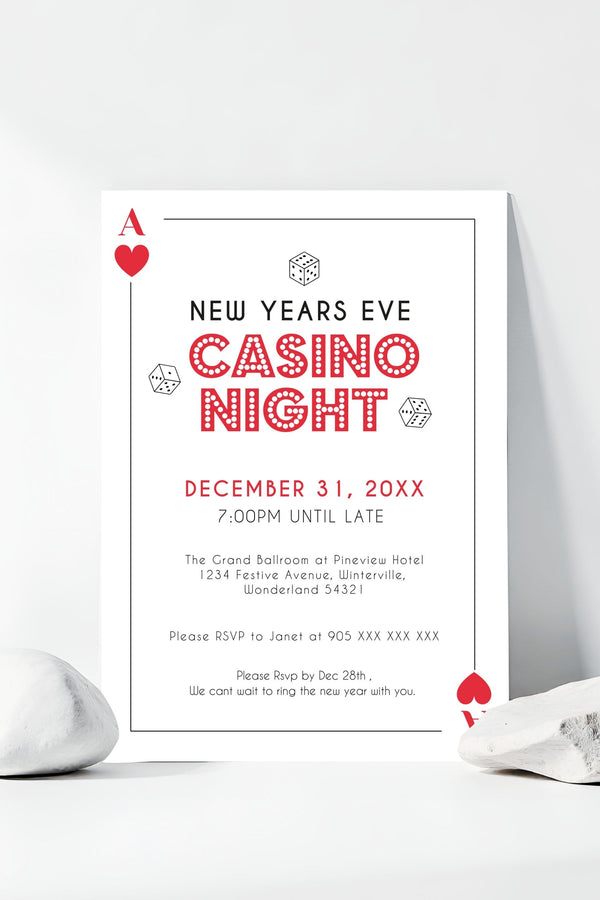 Casino New Year’s Eve Party Invitation with vibrant dice, cards, and chips for a thrilling celebration