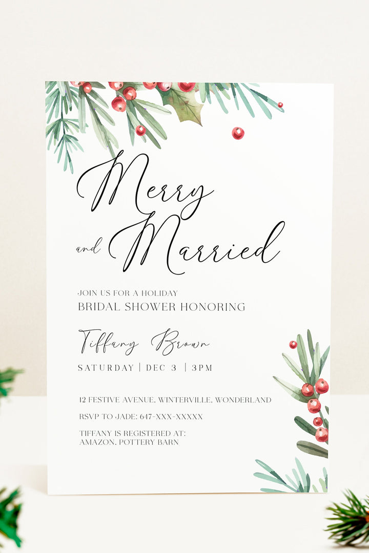 Merry and Married Bridal Shower Invitation, Festive Winter Bridal Shower Design, Customizable Holiday Invitation, Printable Bridal Shower Card, Elegant Christmas Bridal Invite