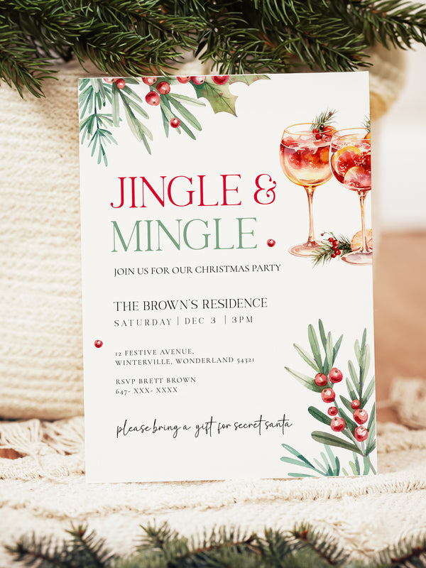 Jingle and Mingle Christmas Holiday Party Invitation, Festive and Cheerful Christmas Invite, Customizable Holiday Party Design, Printable Christmas Celebration Invitation, Joyful Holiday Event Invite