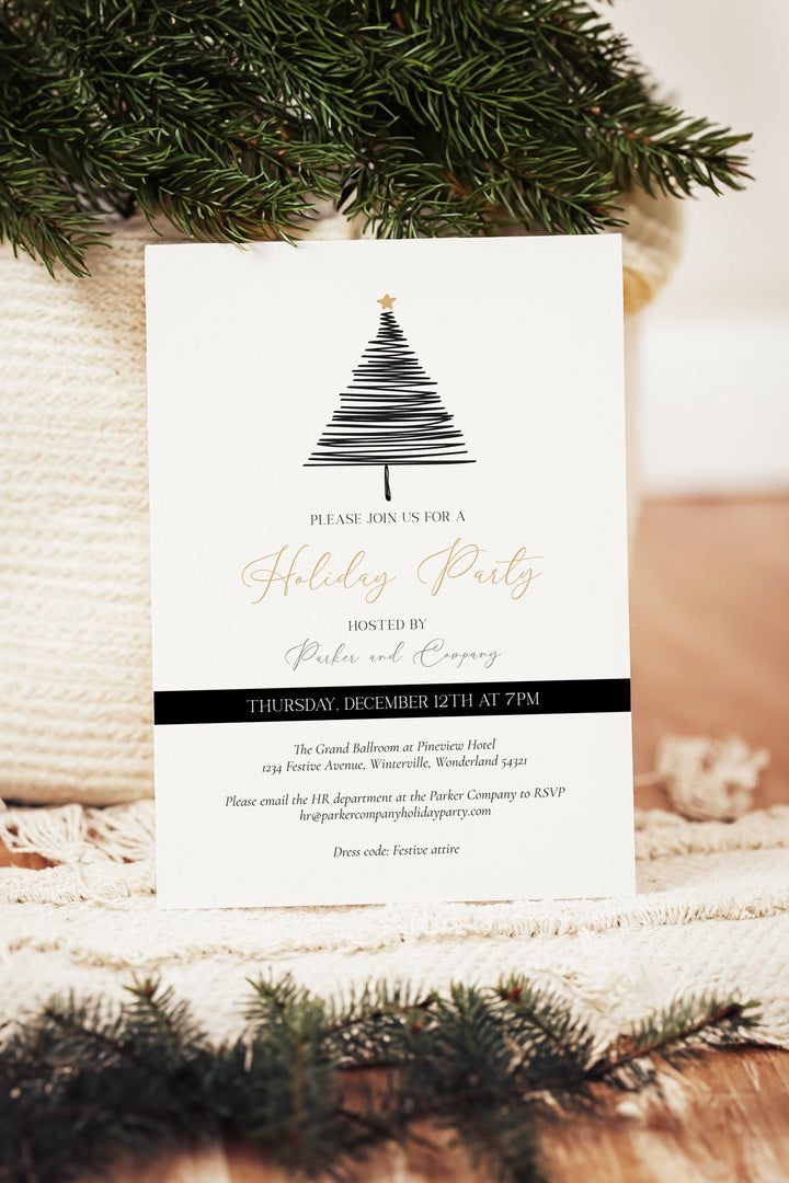 Black and White Holiday Work Party Invitation, Christmas Tree Invitation, Elegant Corporate Holiday Invite, Printable Christmas Party Invitation, Customizable Office Party Invitation