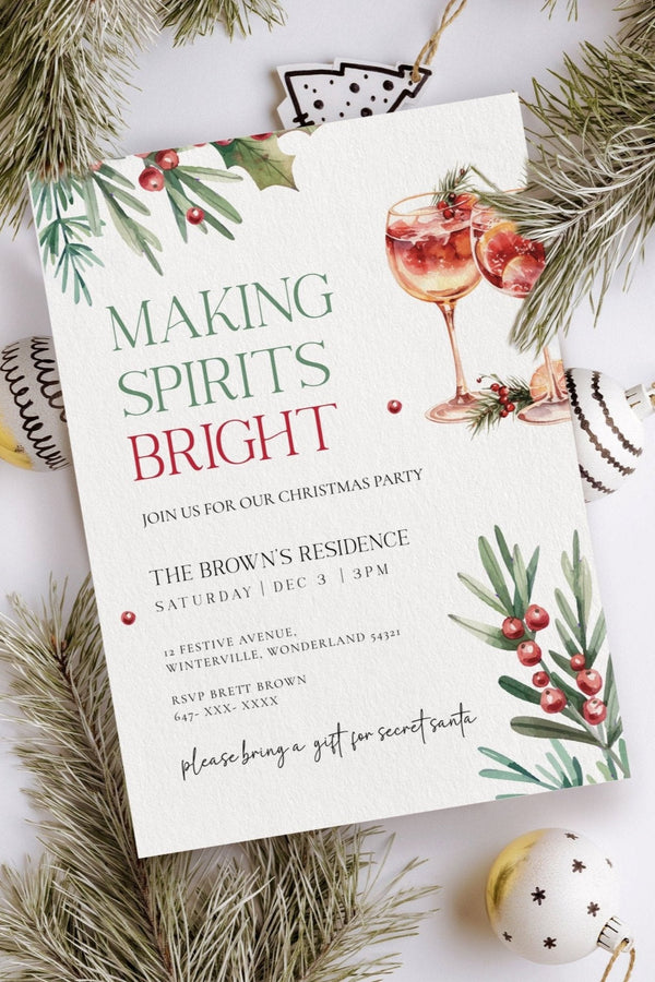 Making Spirits Bright Holiday Party Invitation, Cheerful Christmas Design, Customizable Festive Invite, Printable Holiday Celebration Card, Joyful Holiday Gathering Invitation