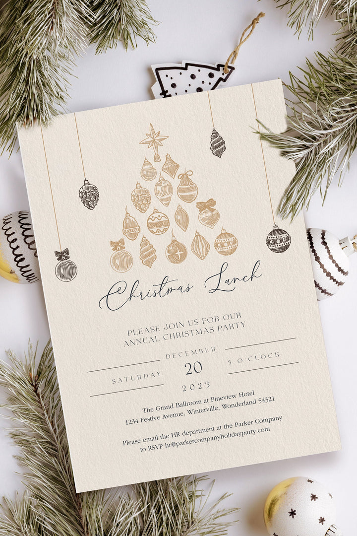 Beige Christmas Ornament Holiday Invitation, Festive Christmas Party Invite, Elegant Beige Invitation, Printable Holiday Party Invitation, Customizable Christmas Invite