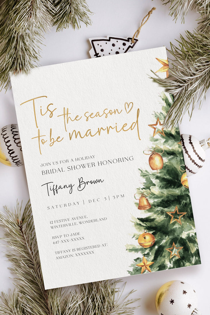 Christmas Tree Bridal Shower Invitation, Festive Holiday Design, 'Tis the Season to be Married Invitation, Customizable Christmas Bridal Invite, Cozy Holiday Shower Card