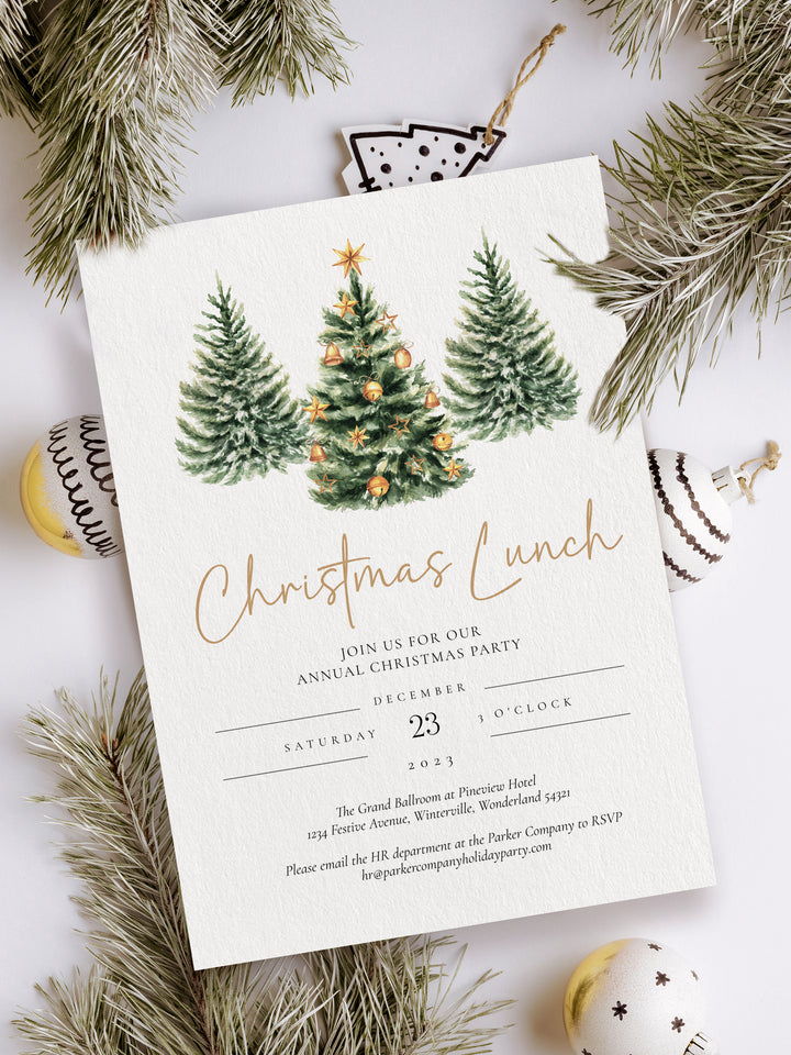 Christmas Party Invitation with 3 Trees, Festive Holiday Event Invite, Customizable Christmas Invitation, Elegant Christmas Dinner Invite, Printable Christmas Party Invitation