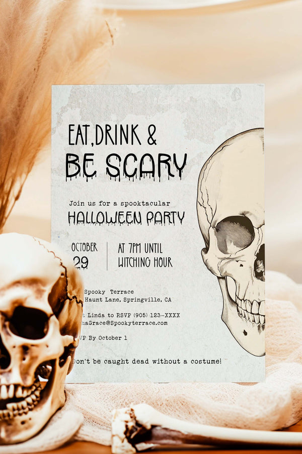 Editable Halloween Party Invitation - Eat, Drink, and Be Scary, perfect for haunted house parties, costume contests, and spooky-themed gatherings.