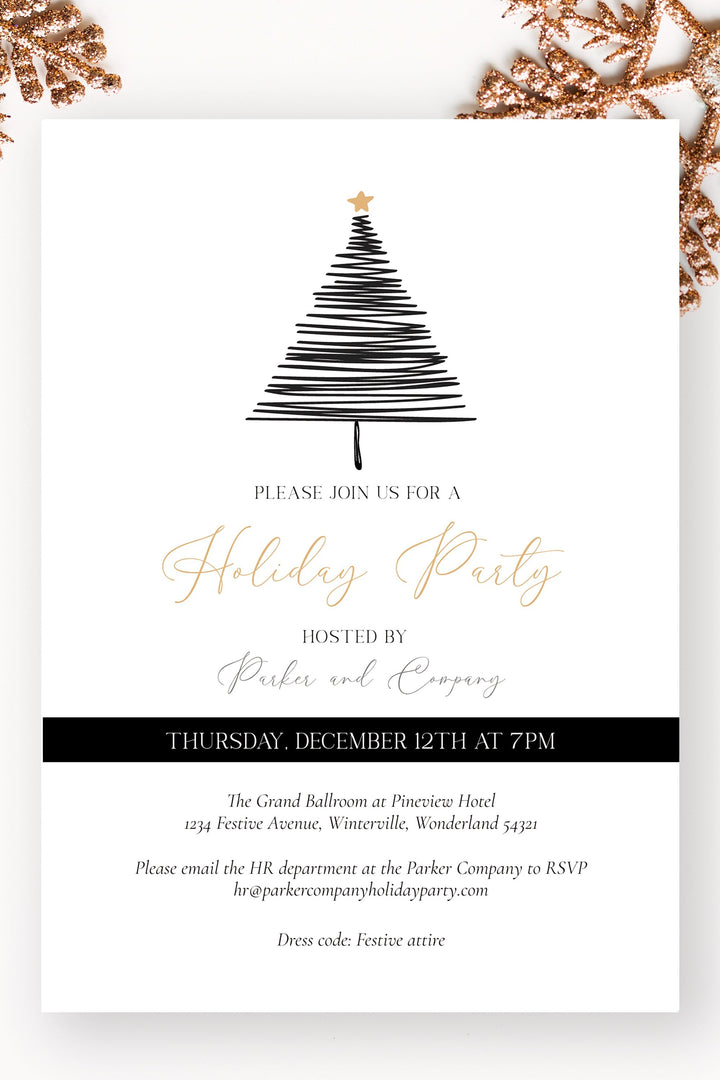 Black and White Holiday Work Party Invitation, Christmas Tree Invitation, Elegant Corporate Holiday Invite, Printable Christmas Party Invitation, Customizable Office Party Invitation