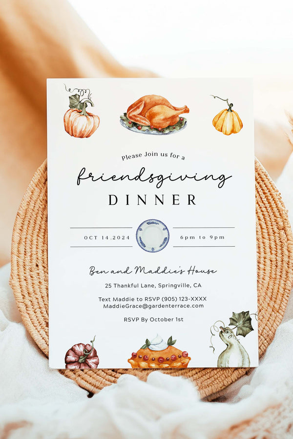 Editable Friendsgiving Dinner Invitation, perfect for a warm, cozy gathering with friends. Customizable and printable for a festive meal of gratitude.