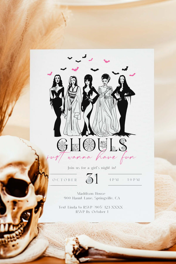 Editable Girls Night Halloween Party Invitation - Ghouls Wanna Have Fun, perfect for costumes, cocktails, and a spooky night with friends.