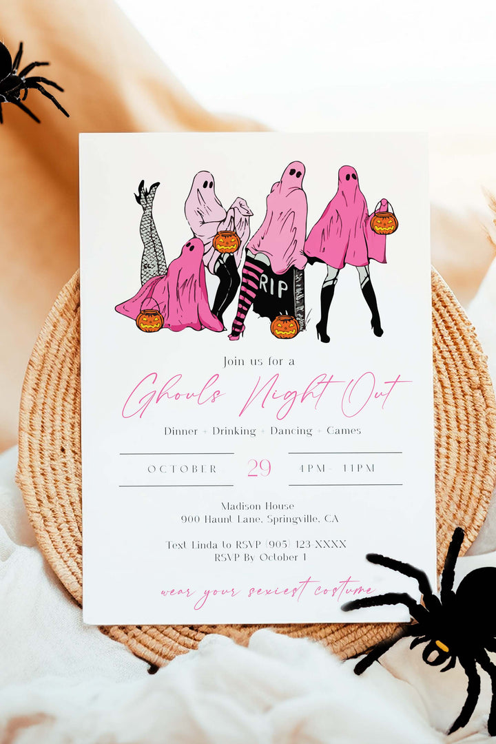 Editable Ghouls Night Out Halloween Invitation, perfect for girls’ night with costumes, cocktails, and fun. Customizable and printable for any event.