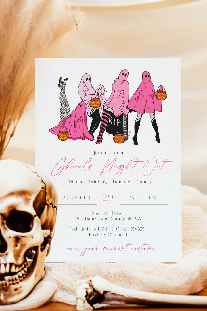 Editable Ghouls Night Out Halloween Invitation, perfect for girls’ night with costumes, cocktails, and fun. Customizable and printable for any event.