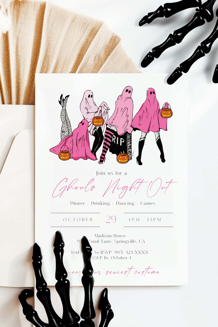 Editable Ghouls Night Out Halloween Invitation, perfect for girls’ night with costumes, cocktails, and fun. Customizable and printable for any event.